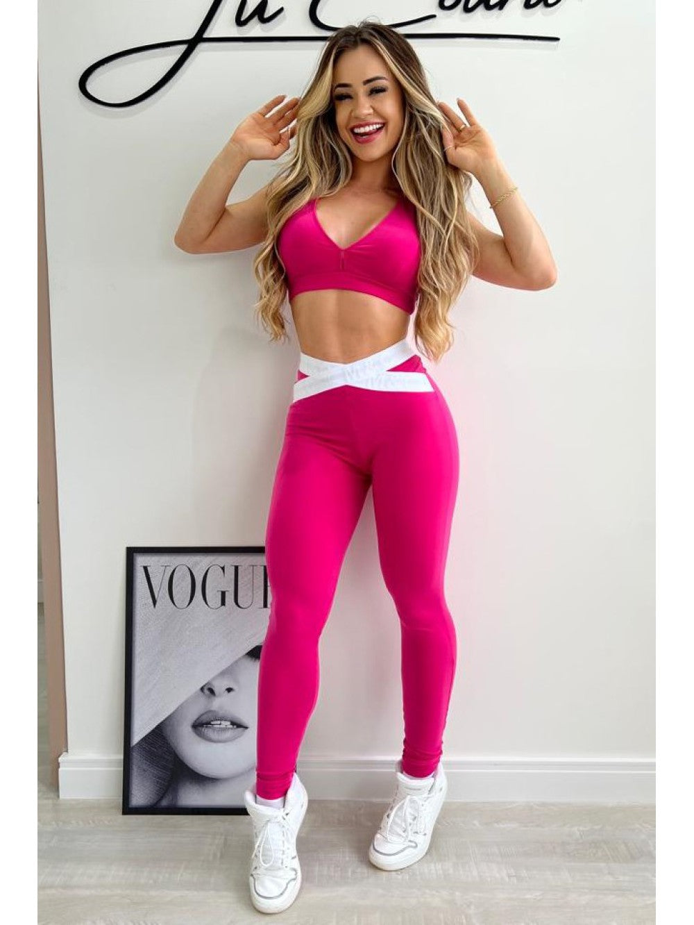 CONJUNTO TOP + LEGGING M&C  ELÁSTICO ROSA E BRANCO